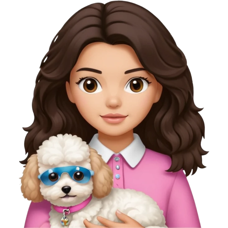 long-haired brunette woman Kendall Jenner inspired holding a fluffy white Maltipoo wearing a pink collar emoji