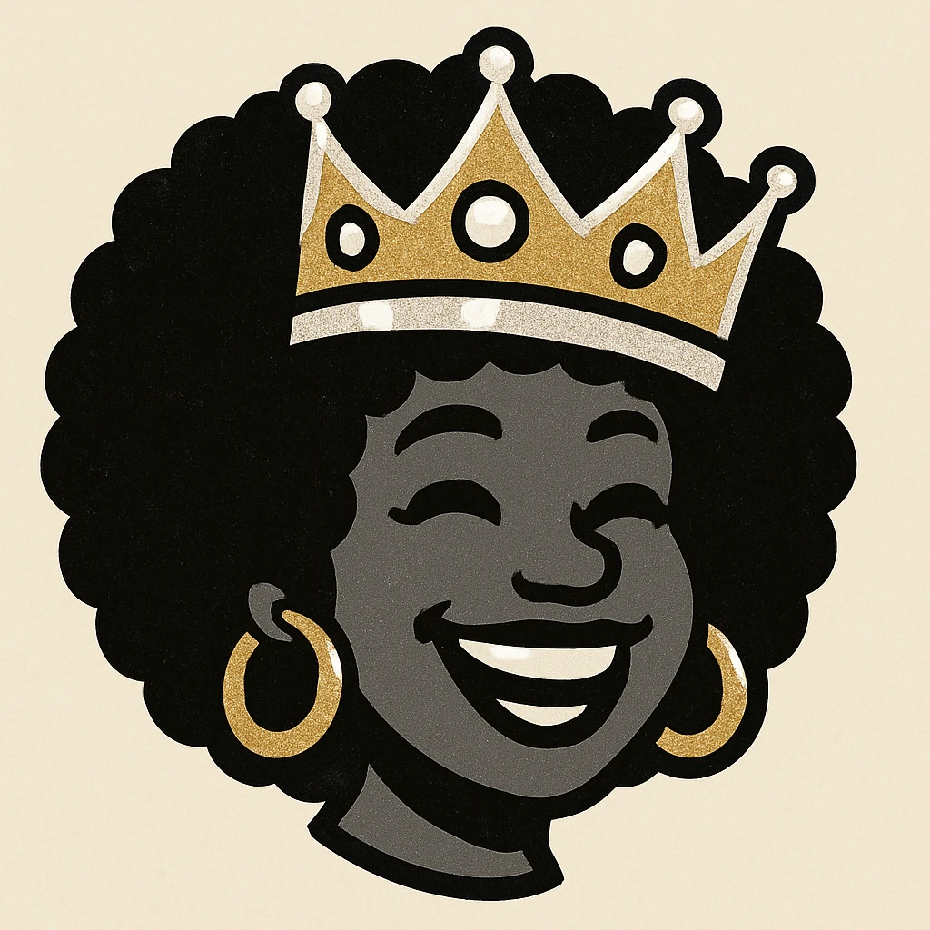 Create a 1970s disco emoji of just the head of a female African American, showing a joyful expression, afro hairstyle, and a 70s style crown. Use only gold, silver, black, and white colors. Render in vibrant pop colors style. emoji