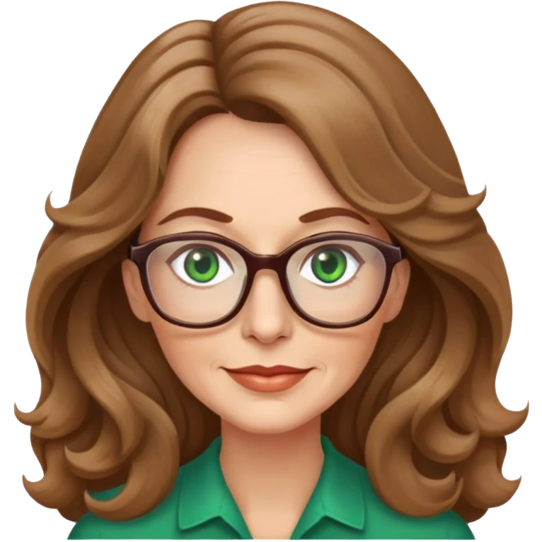 Woman 50 yrs light brown long wavy hair green eyes with glasses  emoji
