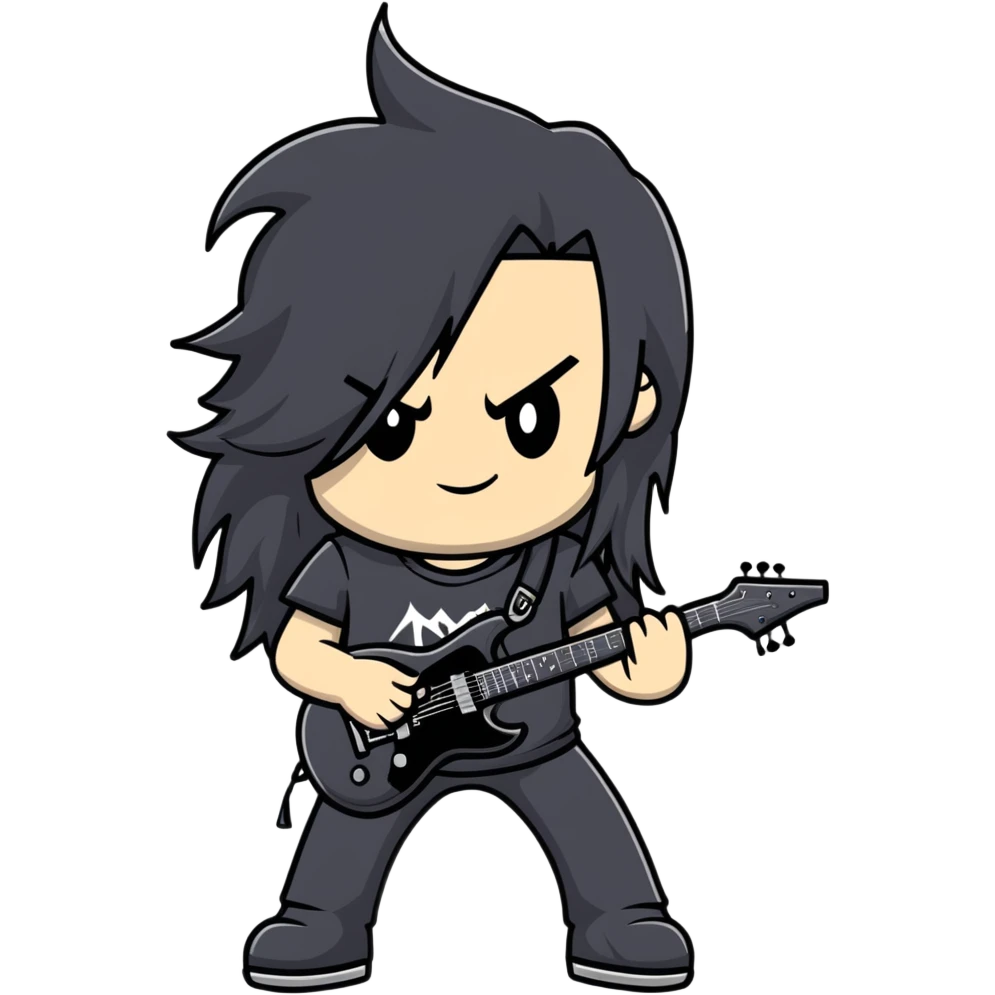 A metalhead with long flowing black hair, wearing a black heavy metal t-shirt, smirking confidently emoji