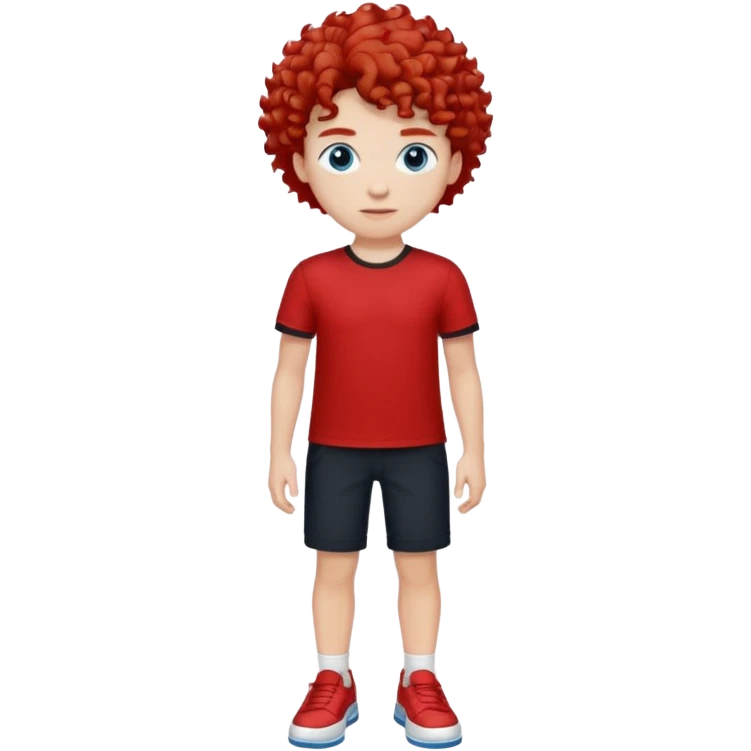 White shoes black short pants red shirt and hair in front curly and with blue eyes  emoji