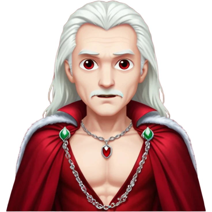 Dracula with long white hair, dark red sequin baggy pants, shirtless with necklace, dark red sequin cape emoji