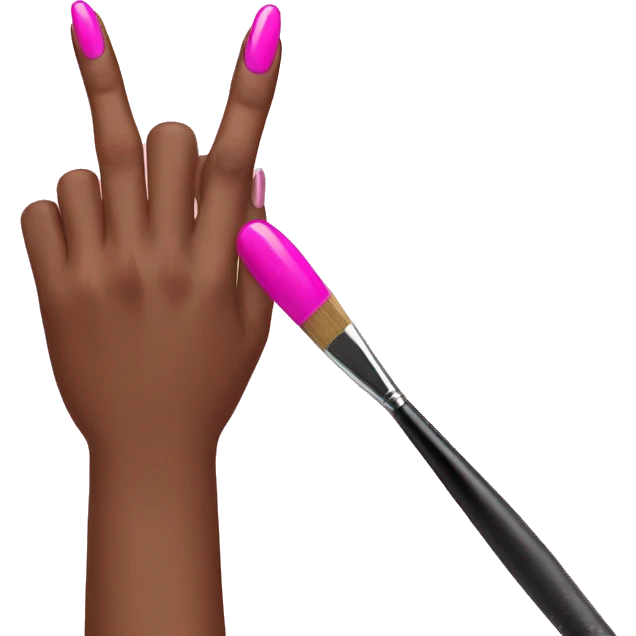 Fingers with pink nails are painted with a brush emoji