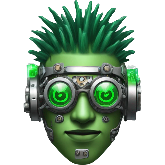 Green male cyborg head with green Mohawk, grey steampunk goggles and circuitry emoji