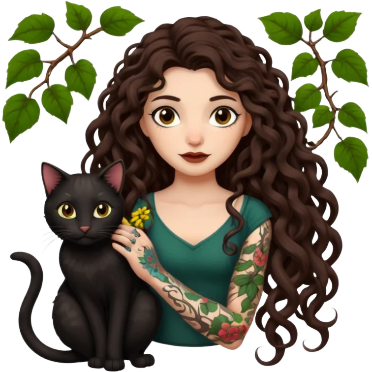 woman with long curly brown hair, brown eyes, white skin, tattoos, black cat tangled in living vines emoji