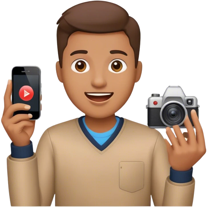 Emoji of a YouTube content creator: holding a camera or smartphone, excited expression, play button icon nearby, symbolizing video creation. emoji
