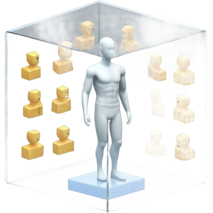 male mannequin abs cubes inside a glass cube on a stand isometric view emoji