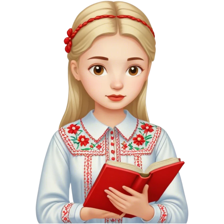A Ukrainian girl in an embroidered shirt reads a red book emoji