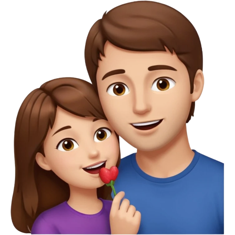 There is a girl with brown hair standing next to her, a tall man with brown hair, and the girl passionately licks his cheek emoji