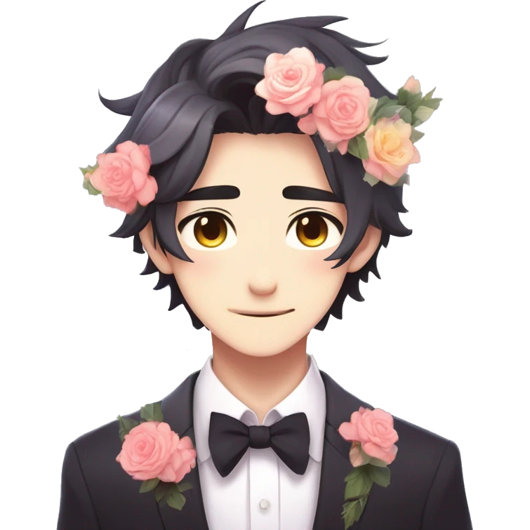 Gorgeous romantic anime style Asian formal modern gentlemanly guy with cat ears and flowers and blushing face aesthetic trending style outside with colorful gradient colors emoji
