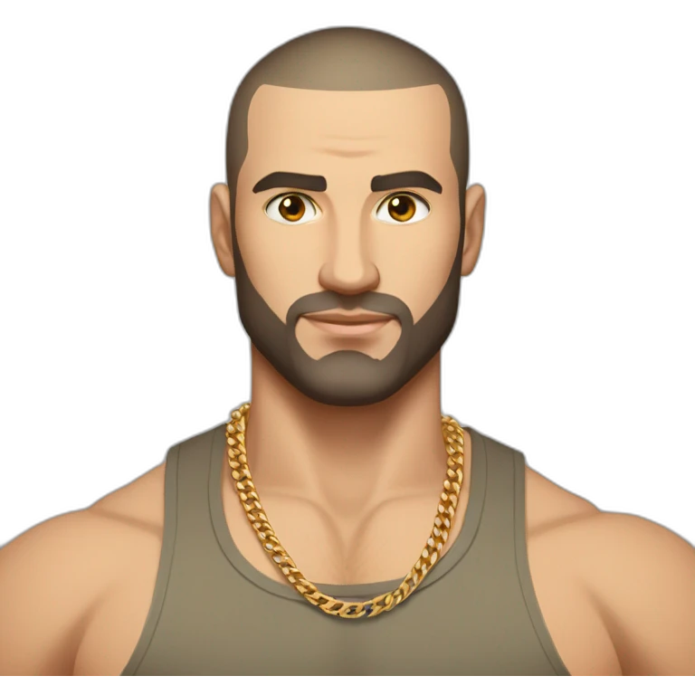 Russian muscular man aged 26 wearing gold chain with black buzz cut hair and short beard emoji