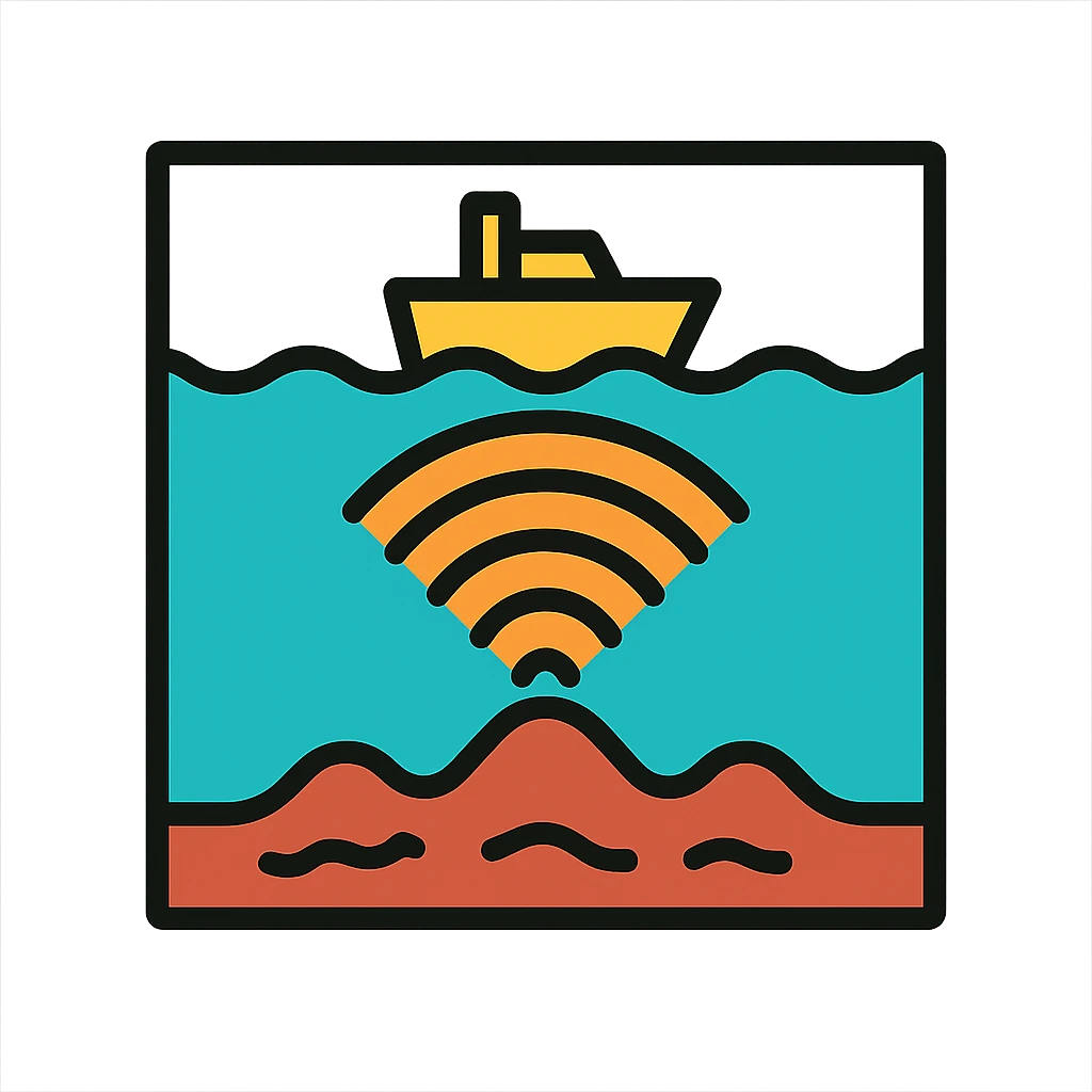Hydroacoustic map showing radio waves from a ship on the water surface scanning down to the seabed emoji