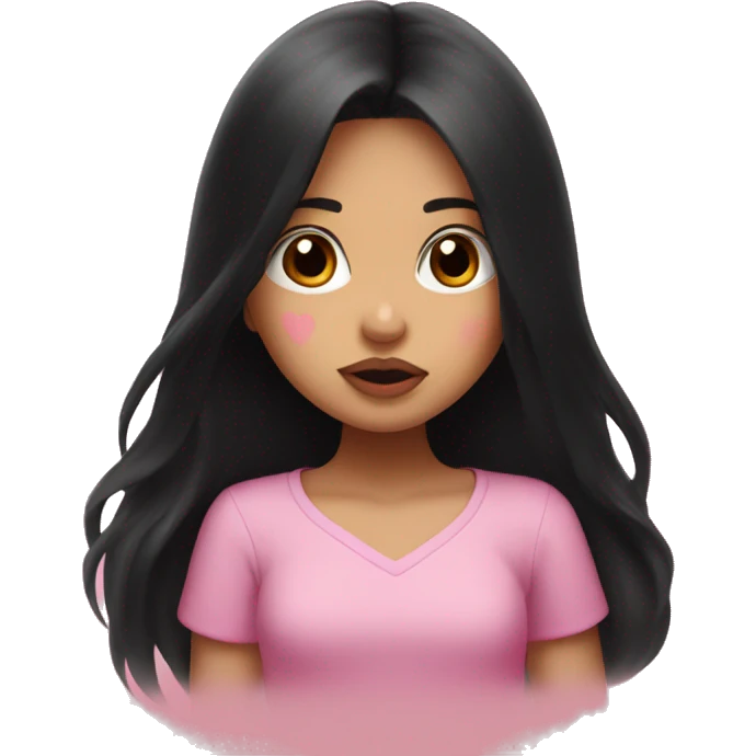 Girl with long black hair doing a kissy face with pink hearts emoji