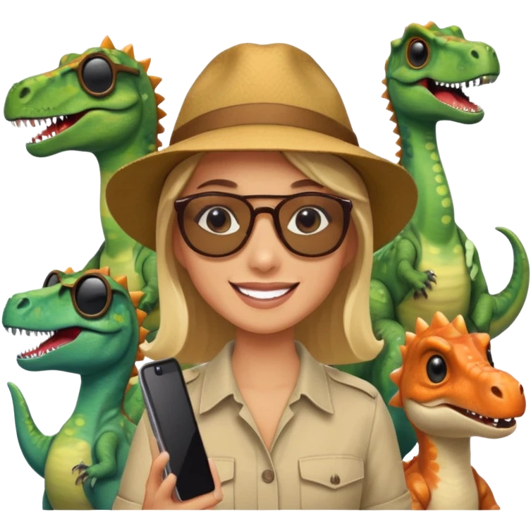 A human living with the dinosaurs and taking a selfie with them emoji