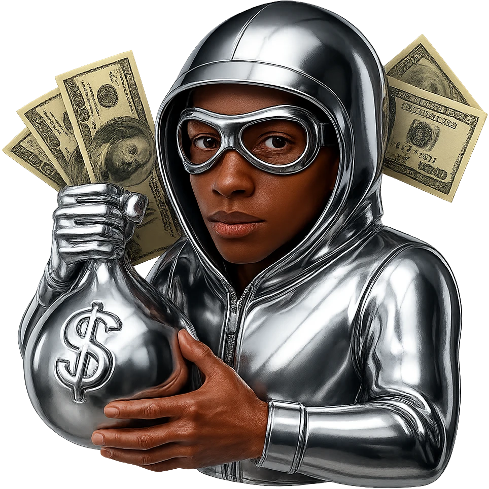 Make the character skinnier and less bulky with a slimmer build. Remove the question mark from the money bag, leaving only the dollar sign. Make the character look younger with smoother skin and more youthful facial features. Keep the realistic dollar bills and the chrome suit style. Preserve the natural skin color for the face and hands, not chrome. emoji