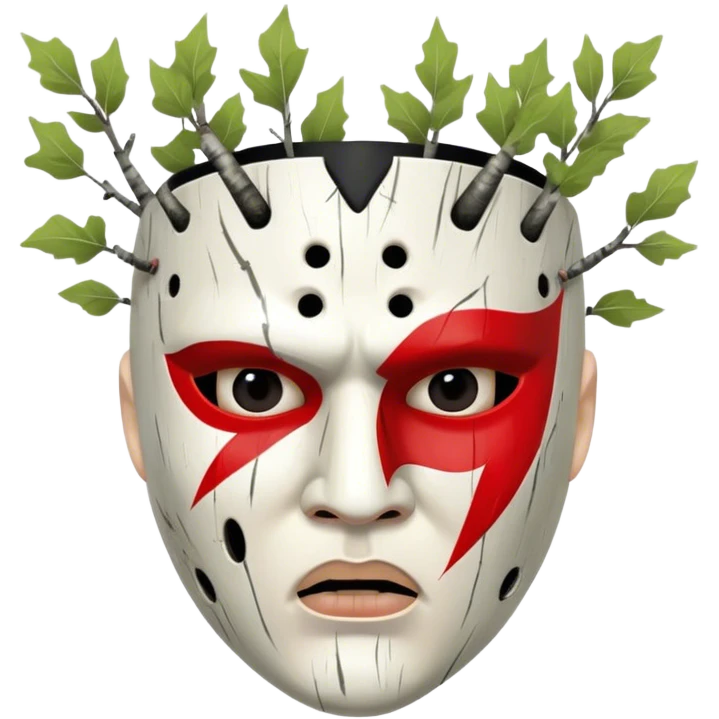birch tree male mask in kokoshnik expressing anger, white, black and red palette, the texture has black marks emoji