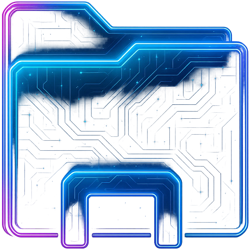 Transform the Windows File Explorer icon into a cyberpunk, holographic style with glowing neon blue and pink edges, circuit patterns, and a transparent background. The style should match the provided cyberpunk folder icon, focusing on a futuristic and clean look without any circle or base, just the icon itself. Emphasize neon blue and pink glowing edges and intricate circuit patterns for a high-tech cyberpunk aesthetic. emoji