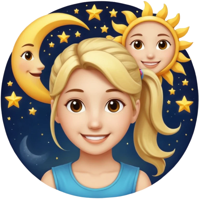 An Emoji of girl with ponytail, who can be described by three words: sun, moo, star emoji