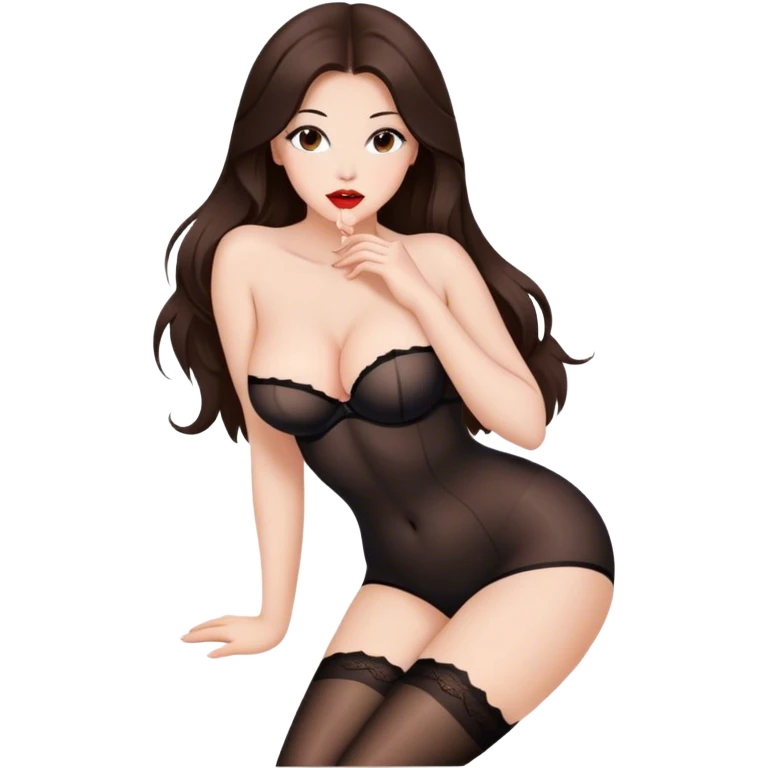 Beautiful Buxom brunette with full lips, long hair and brown eyes, intimate, sfw black nylon stocking pose emoji