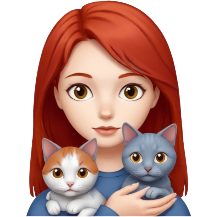 White skin girl, red hair, brown eyes holding one Russian Blue cats emoji