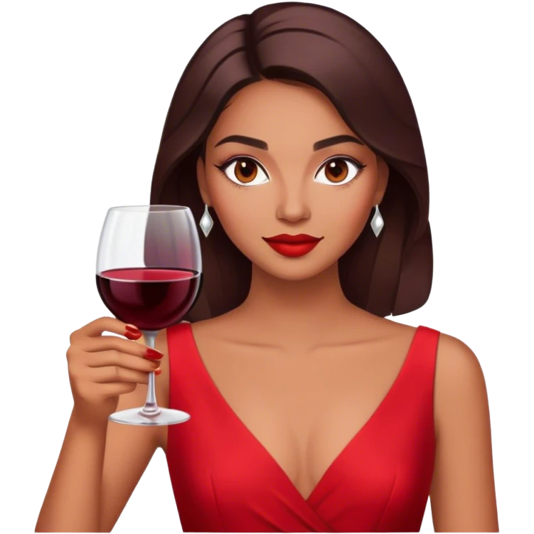 a woman in a bright red dress, with makeup, a confident gaze, and a glass of red wine. emoji