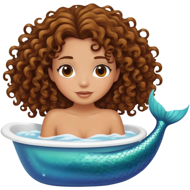 Brunette tan curly hair mermaid in bathtub emoji