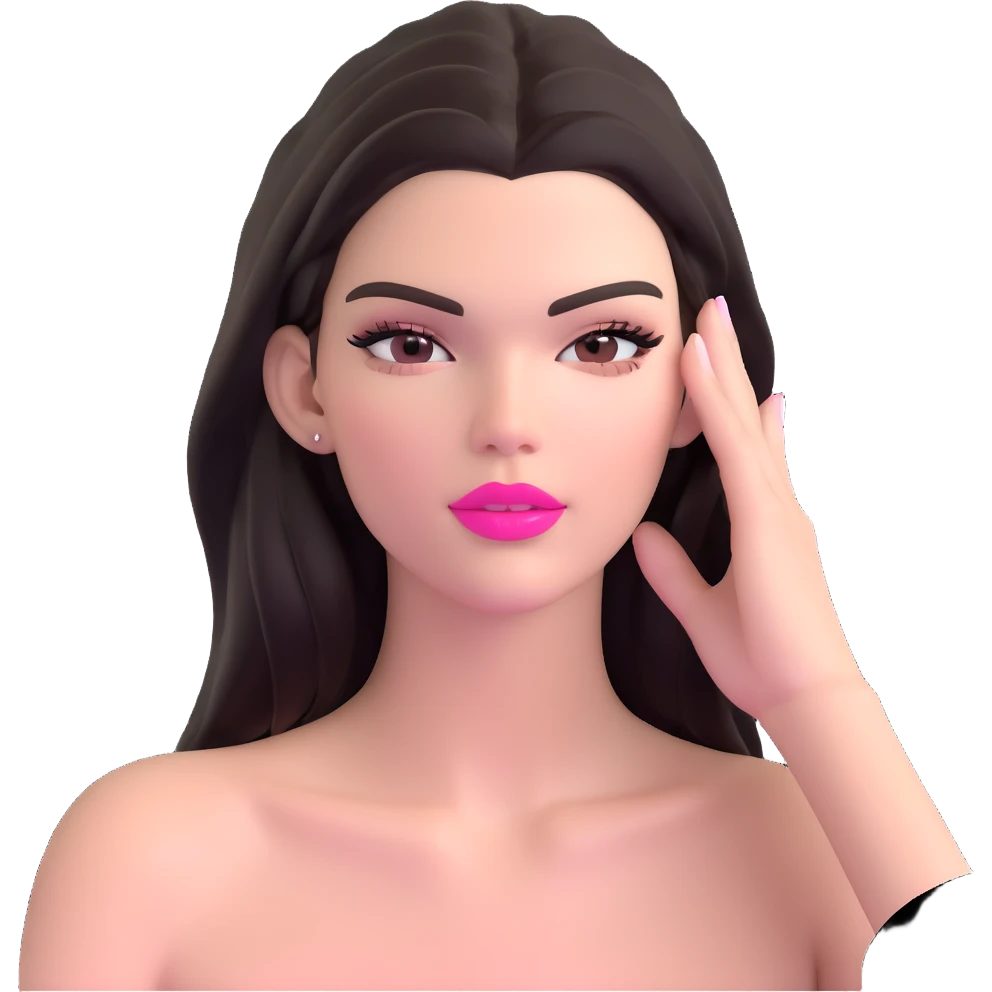 Kendall Jenner supermodel, longer face, long dark hair, bright pink glossy lipgloss, rosy pink blush, bare shoulders emoji