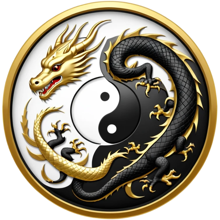 An icon symbolizing Eastern martial arts in the style of an emblem, featuring a black-and-white Yin-Yang symbol and a dragon at the center, surrounded by elements like a dojo. Transparent background highlights balance and power. emoji
