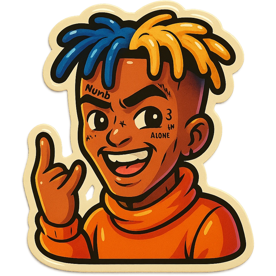 xxxtentacion cartoon style sticker, vibrant, energetic, with signature hair and tattoos emoji