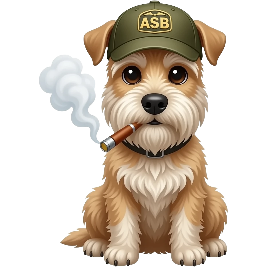 Perro schnauzer color beige  con pestañas  sentado con un vape sacando humo con una gorra de costado con un diseño de militar y que la gorra tenga las letras de ASB  en el centro emoji