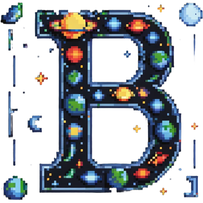 letter J with pixel planets and moons orbiting around it emoji