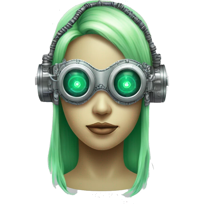 Light green long hair female cyborg head with silver steampunk headband goggles, circuits emoji