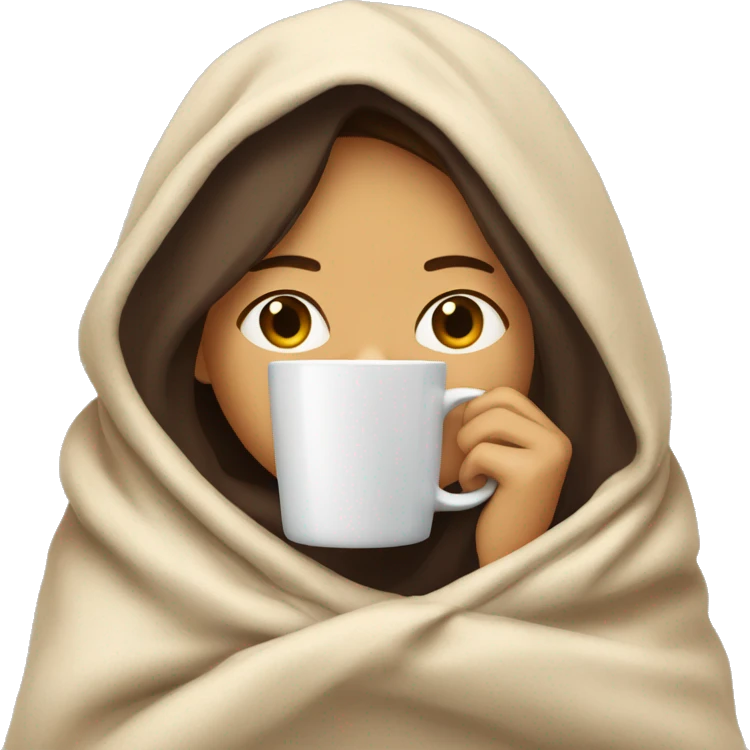 girl inside a blanket sipping coffee eyes closed, make her pale and with dark brown hair emoji