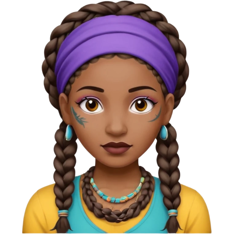 big lose braids starting from the top of the head woman face wiith big visible braids and mono color headband on head  face and braids as big as headband and lots and lots of face tattoos colored tattoos like a tattoo artist hair unique color emoji