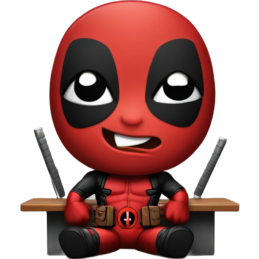 Cute Deadpool sitting at a desk, front view emoji
