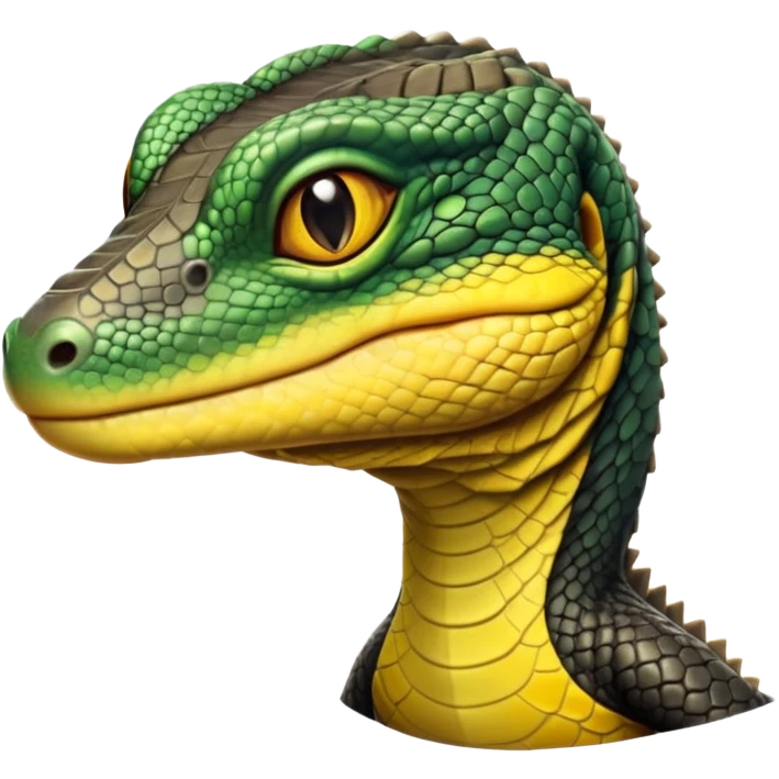 cinematic-realistic-cute-monitor-lizard-portrait-emoji,-head-tilted-playfully-and-inquisitively,-featuring-a-compact,-agile-body-with-finely-detailed,-glossy-scales-in-earthy-black and yellow-hues-and-a-distinct,-alert-face-with-bright,-curious-eyes, black , yellow spotted and green band  scales and a slender neck emoji