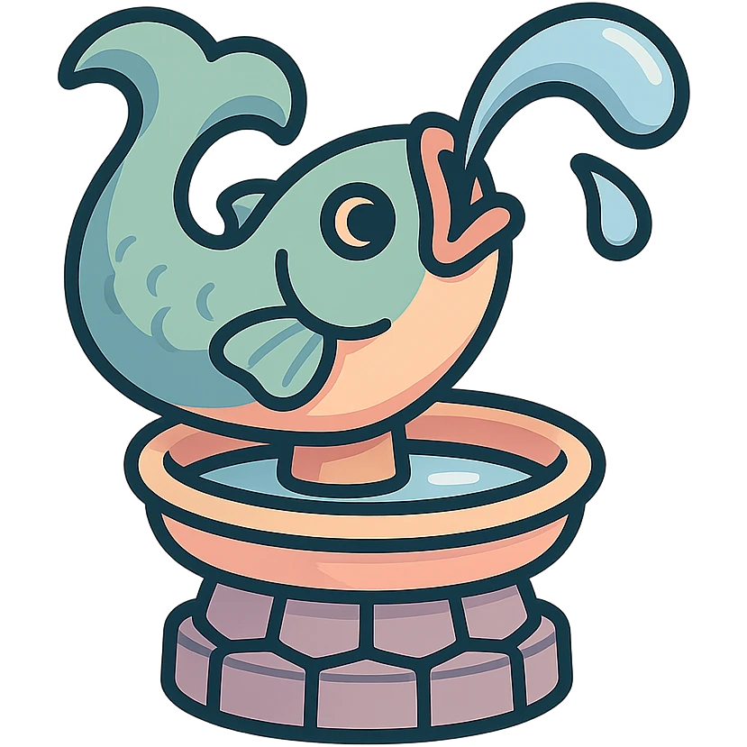cute small fish-shaped fountain with water stream flowing from its mouth, eastern style, detailed drawing with shadows and highlights, thin clean outlines, soft rounded shapes, pastel palette #98B5BC, #B5B3C1, #C9A3C9, #E4C0CA, #F7DCD1, #F7C0AA, modern Japanese pop art and sticker aesthetics, soft lighting, transparent background emoji