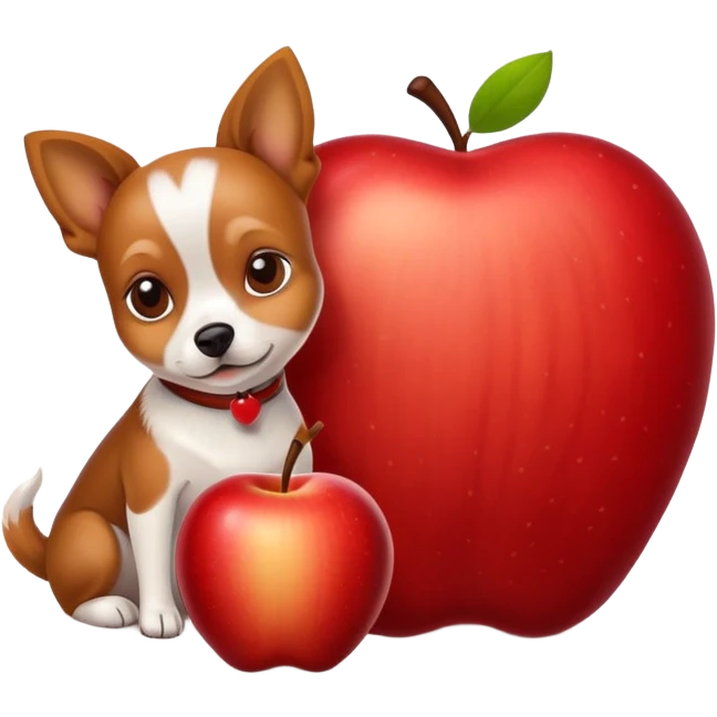 A small dog is lying on a big apple emoji