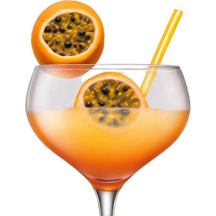 orange drink in a triangle cocktail glass with half of passion fruit on top emoji
