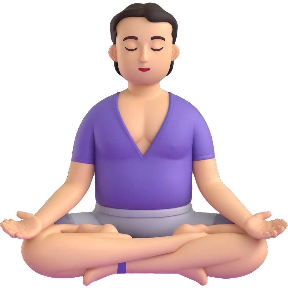 man in lotus position meditation pose, eyes closed, hands in mudra emoji