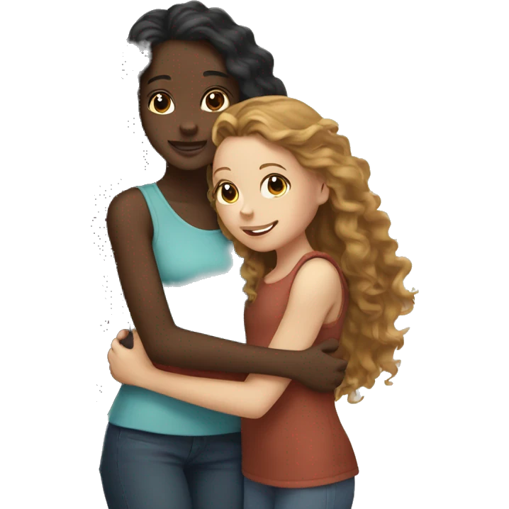black girl with long curly hair hugging white girl with long brown hair emoji