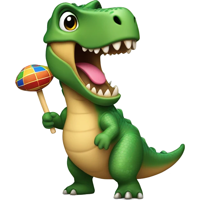 Un dinosaurio bailando con peluca y maracas  emoji