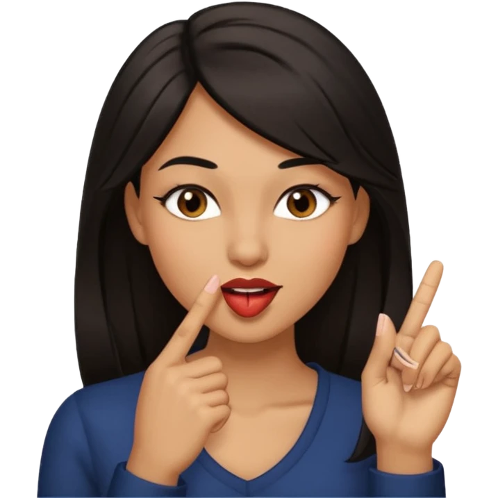 black slighty browin hair light brown skin woman, flirtatious gesture, biting her finger and winking emoji she also has tall hair and brown eyes emoji