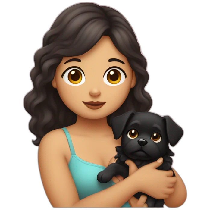 very chubby fair girl with extra wavy black hairs holding dog in her arms emoji