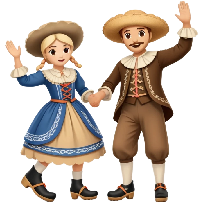cinematic-realistic-scene-of-two-performers-executing-the-klompendans,-dressed-in-traditional-dutch-costumes-complete-with-wooden-clogs-and-detailed-folk-patterns,-captured-in-lively-motion-with-soft,-natural-lighting emoji