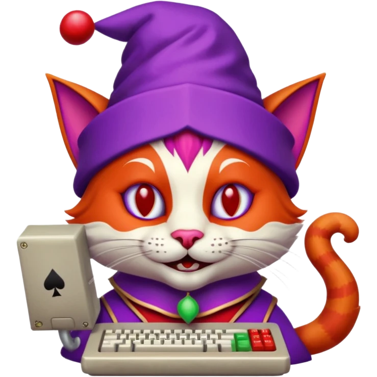 crazy colorful cute little cat jolly joker from poker, medieval, vintage, court jester, mac os icon, purple and red color, half body. The cat is inside a retro computer terminal emoji