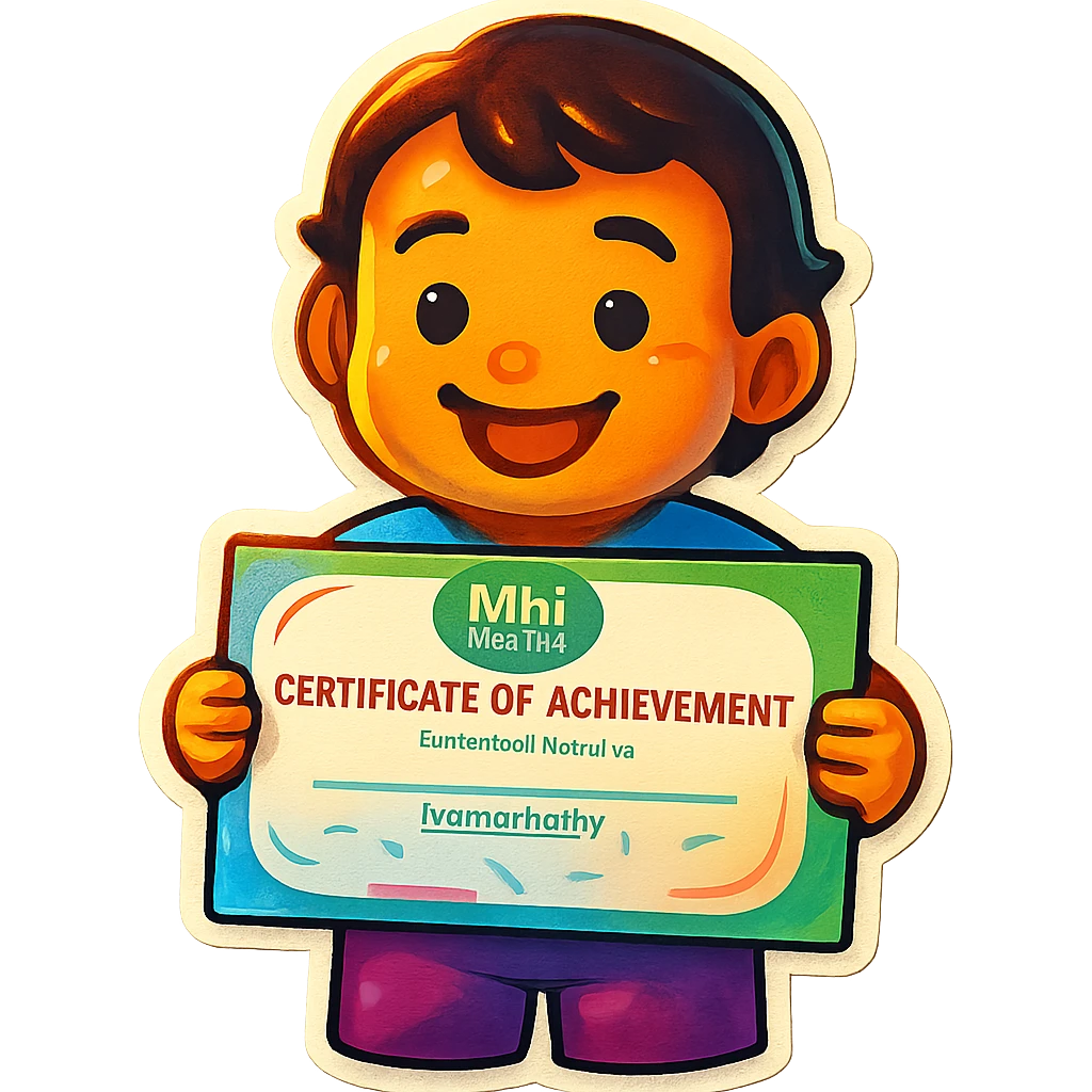 Create a simple and cheerful emoji of a smiling child holding a certificate, with a transparent background, in a retro stickers emoji style. emoji