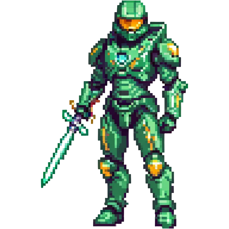 Master Chief from Halo, holding an energy sword, futuristic armor, green and gold accents, heroic stance, pixel art style emoji