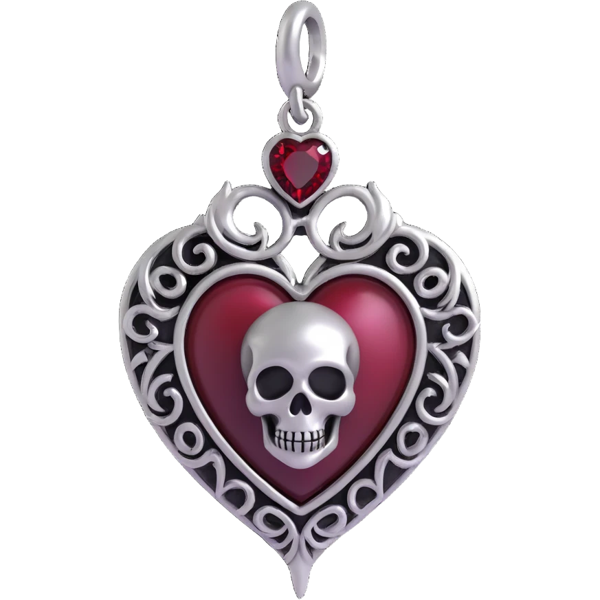 gothic heart, black satin, silver skull charm, deep red gemstone, dramatic and ornate emoji