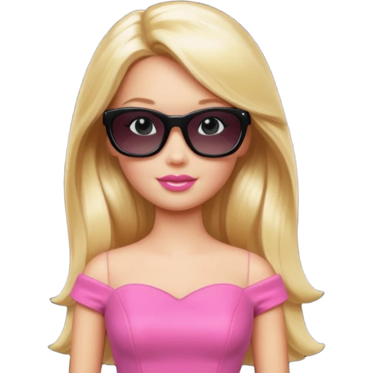 barbie with long blonde hair wear black sun glasses, pink dress emoji